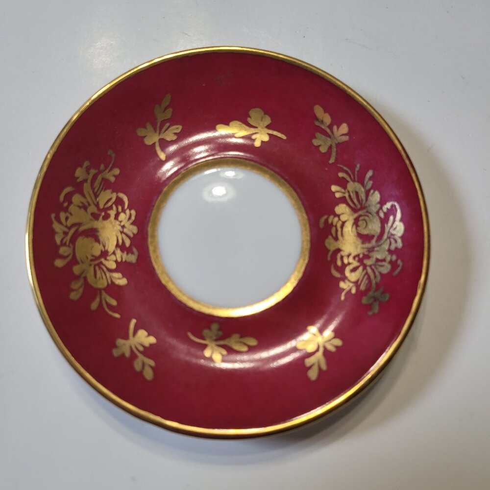 Vintage European Saucer Floral Pattern Gold Trim Red